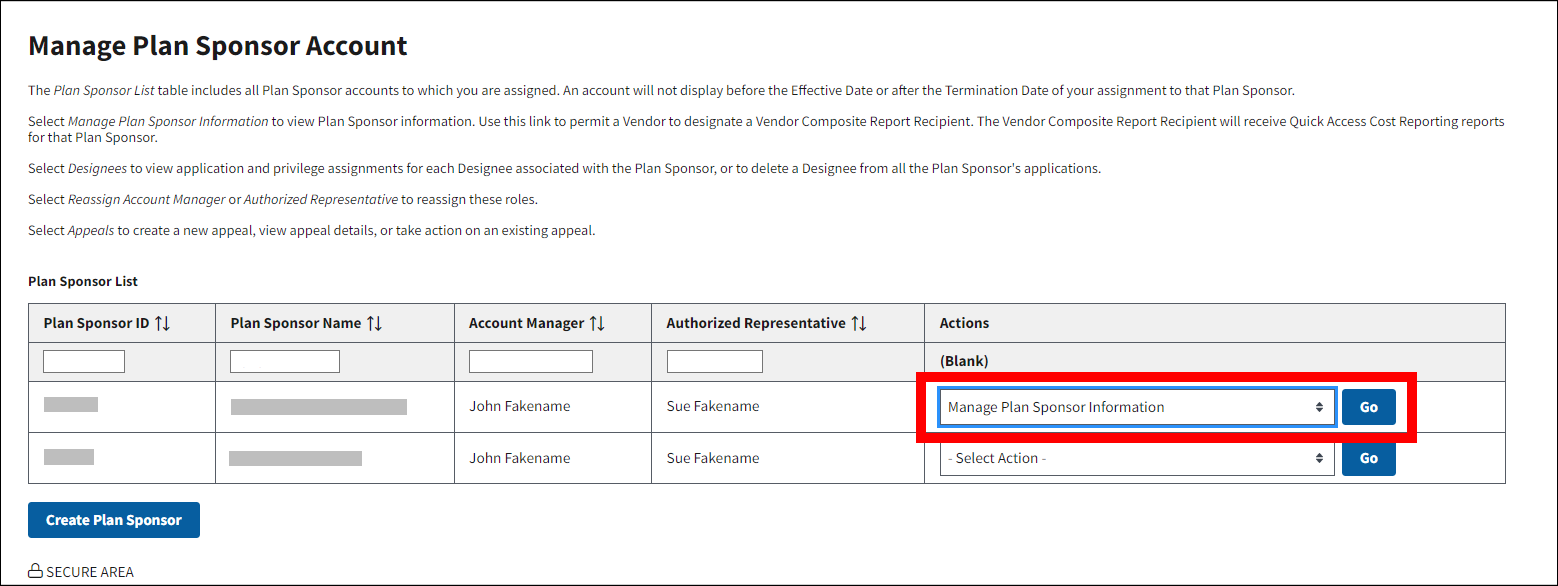 Manage Plan Sponsor Account page with sample data. Actions is highlighted.