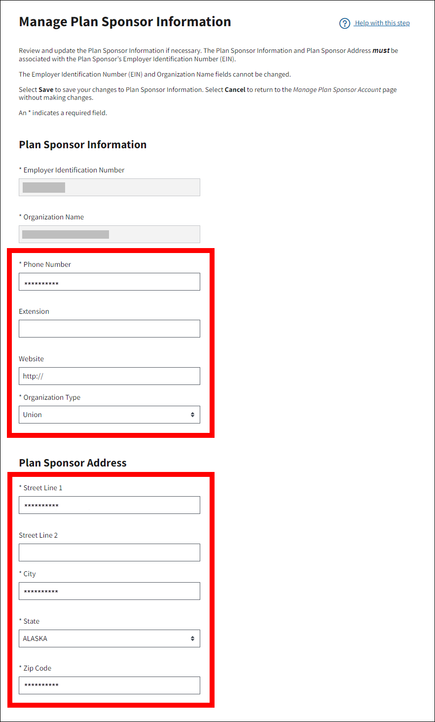 Manage Plan Sponsor Information page with form fields highlighted, and sample form data.
