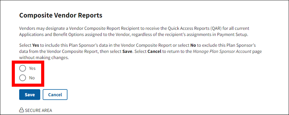 Manage Plan Sponsor Information page with Yes and No radio buttons highlighted.
