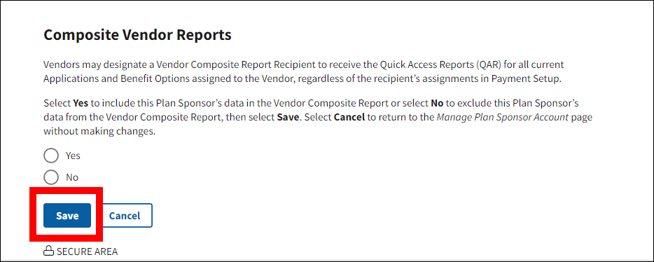 Manage Plan Sponsor Information page with Save button highlighted.