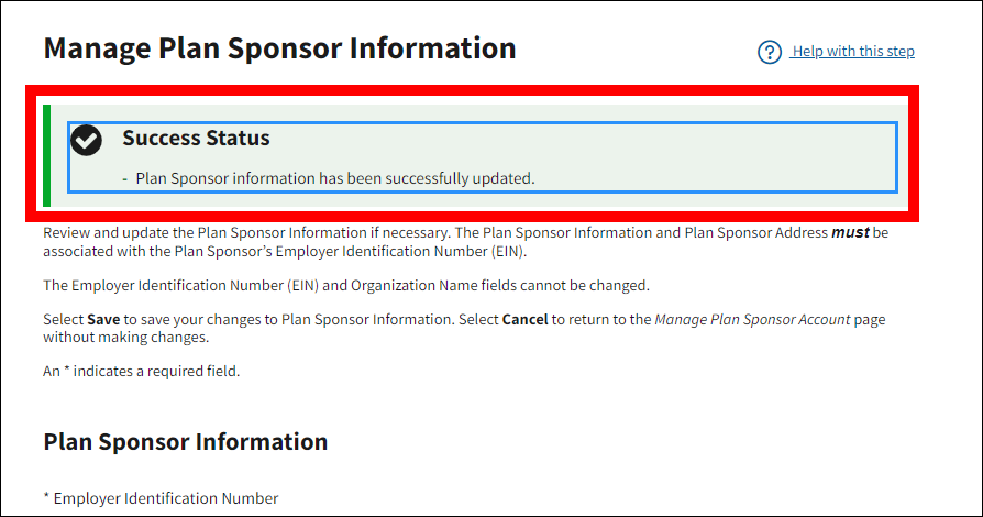 Manage Plan Sponsor Information page with Success Message highlighted.