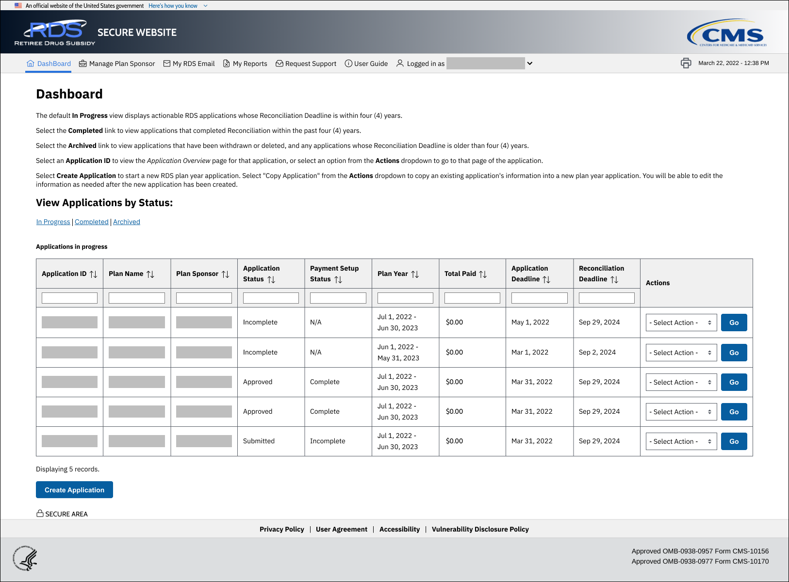 Dashboard page with sample data.