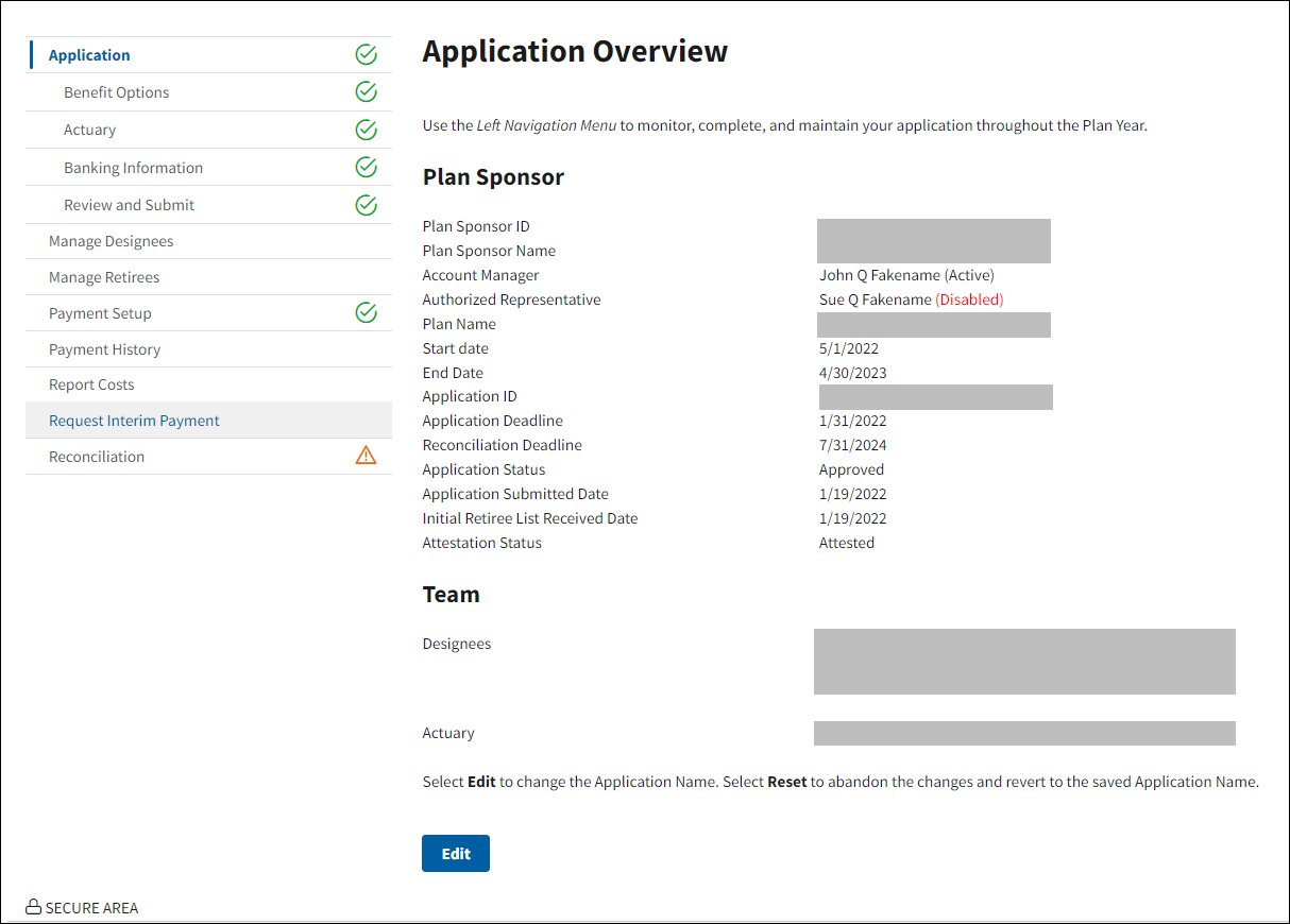 Application Overview page with sample data.