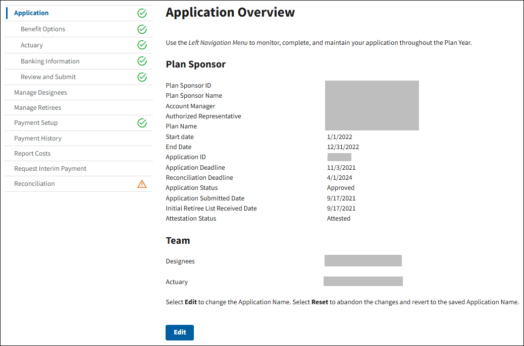 Application Overview page with sample data.