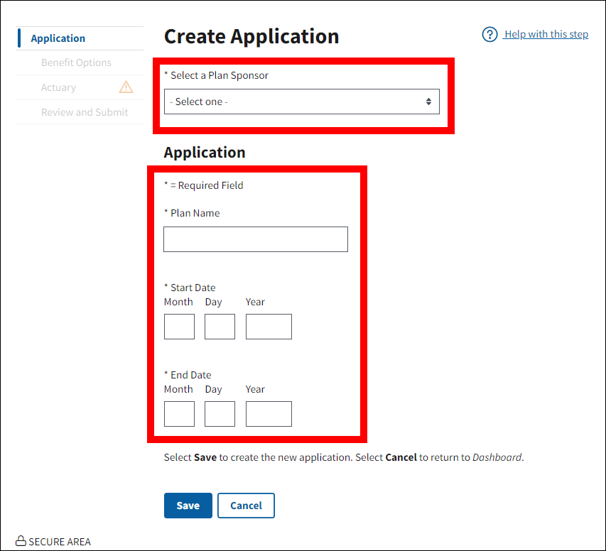 Create Application page with form fields highlighted.