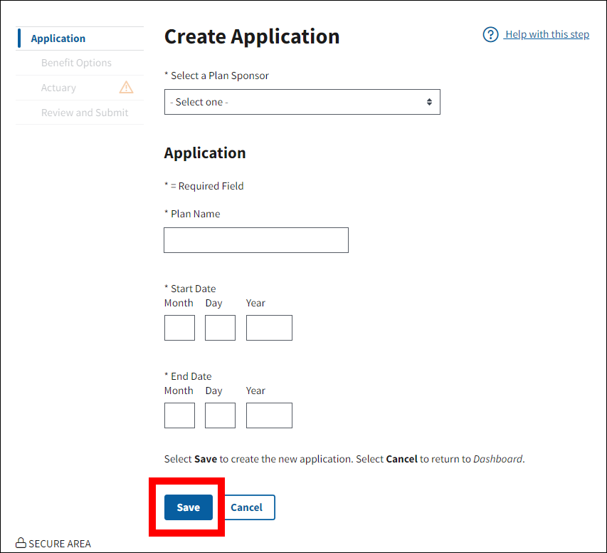 Create Application page with Save button highlighted.