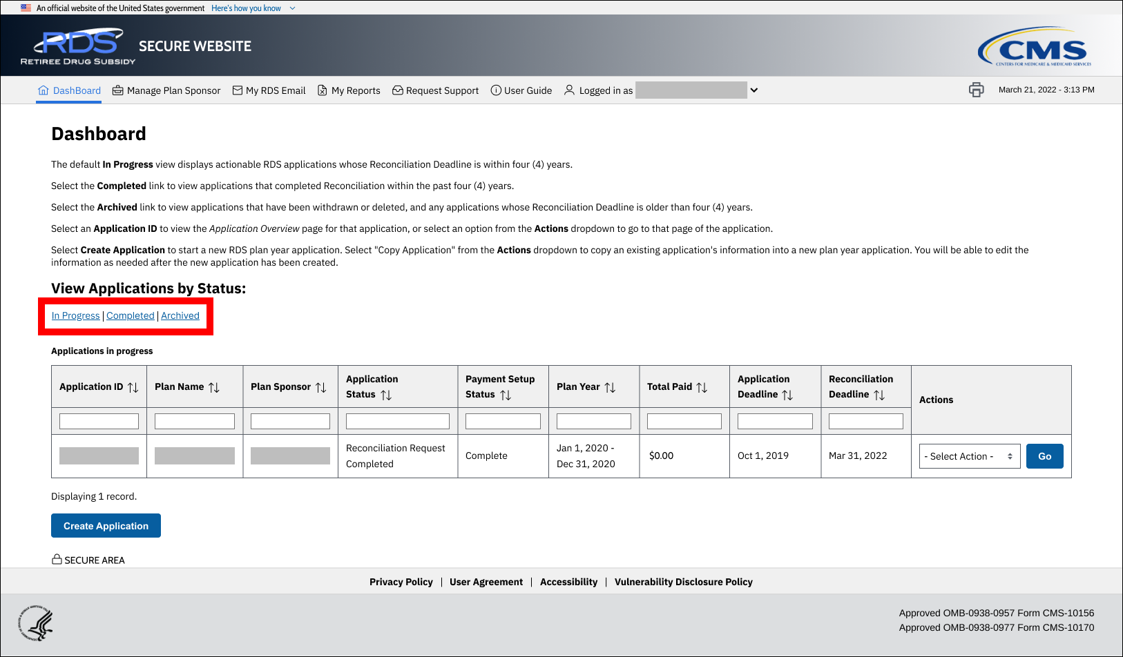 Dashboard page with sample data. Application status links are highlighted.