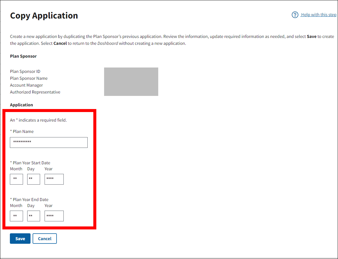 Copy Application page with form fields highlighted.