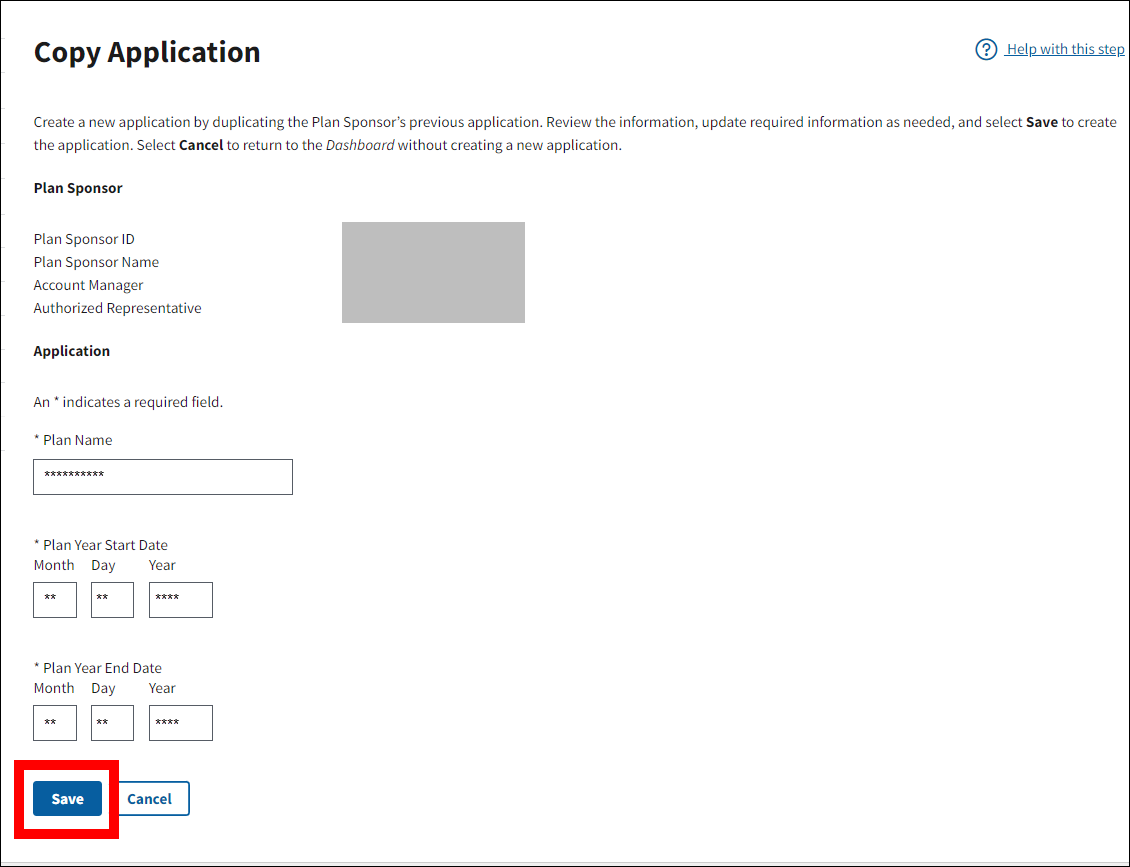 Copy Application page with Save button highlighted.