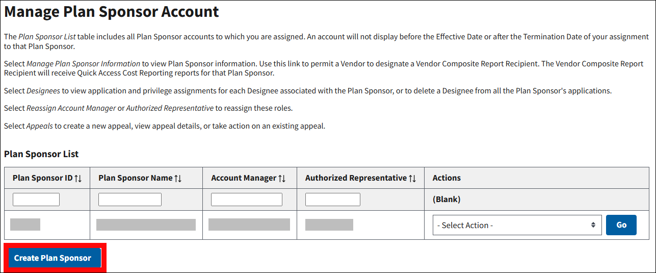 Manage Plan Sponsor Account page with Create Plan Sponsor button highlighted.