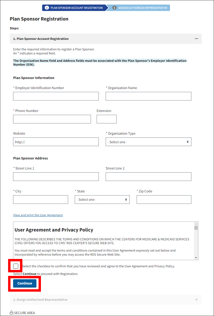 Plan Sponsor Registration page with User Agreement checkbox and Continue button highlighted.