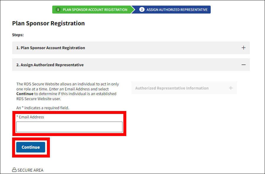 Assign Authorized Representative section of Plan Sponsor Registration page with Email Address textbox and Continue button highlighted.
