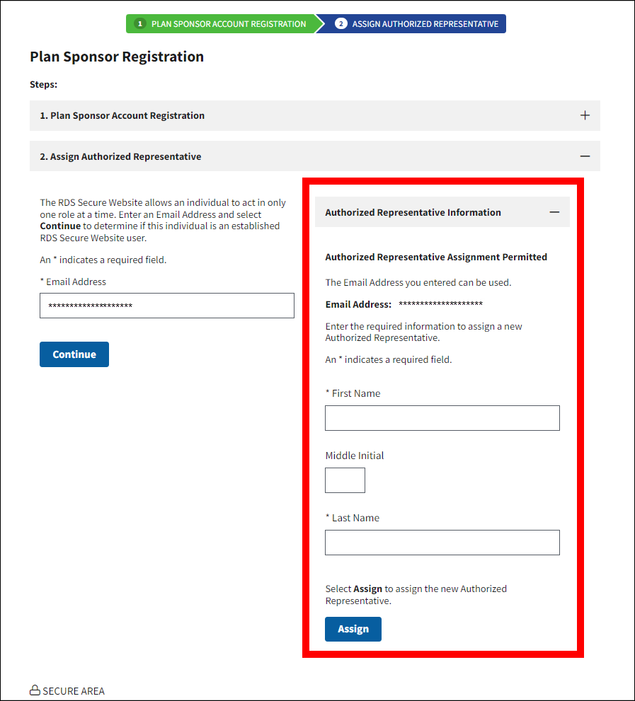 Assign Authorized Representative section of Plan Sponsor Registration page with Authorized Representative Information portion highlighted.