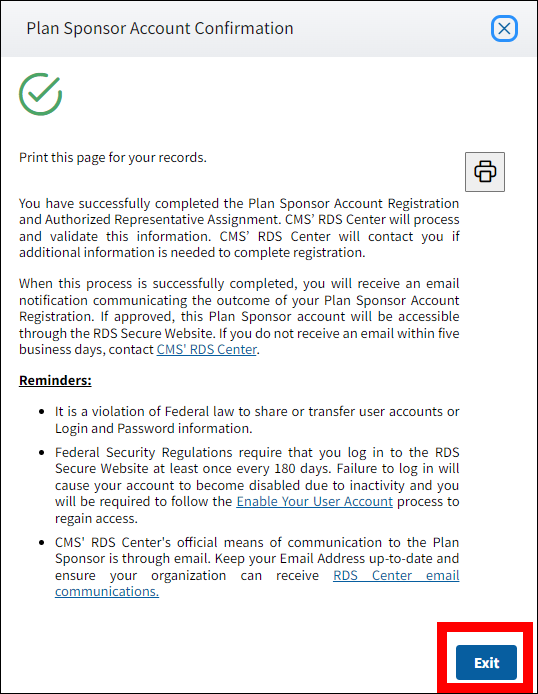 Plan Sponsor Account Confirmation pop-up with Exit button highlighted.