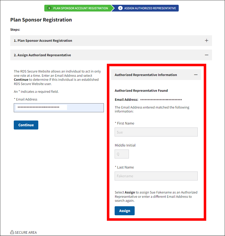 Assign Authorized Representative section of Plan Sponsor Registration page with Authorized Representative Information portion highlighted.