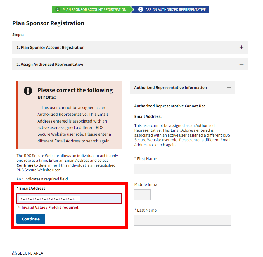 Assign Authorized Representative section of Plan Sponsor Registration page with Email Address textbox and Continue button highlighted.