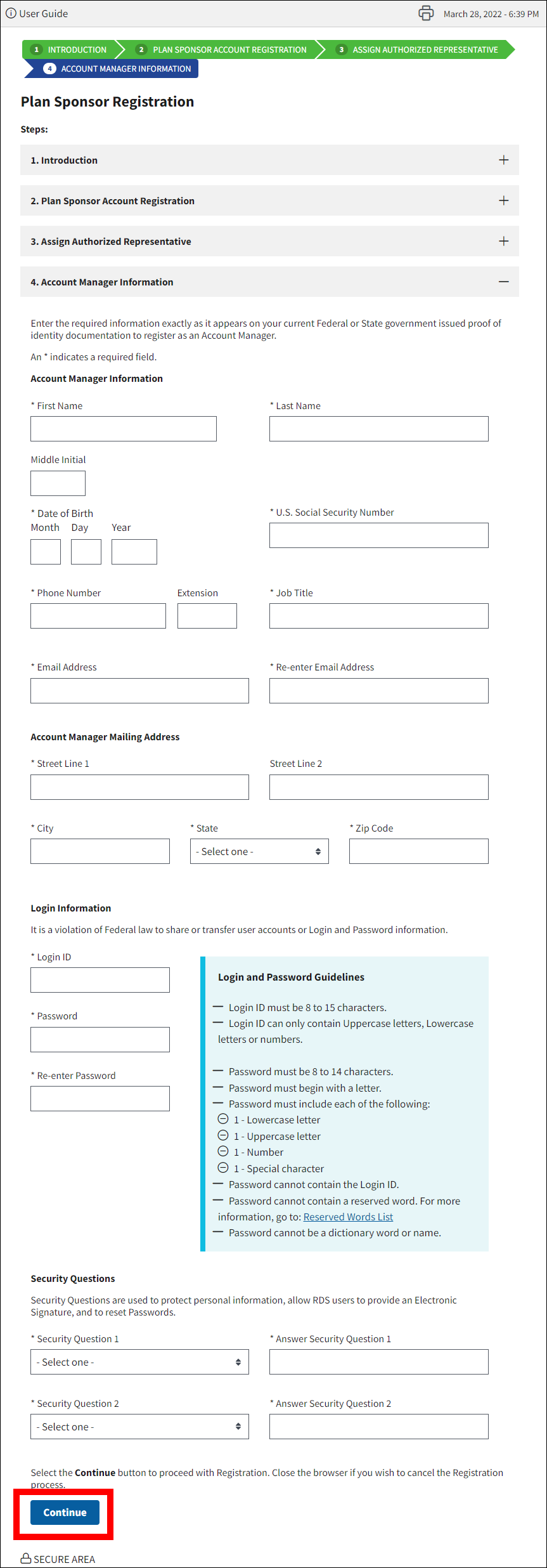 Account Manager Information section of Plan Sponsor Registration page with Continue button highlighted.