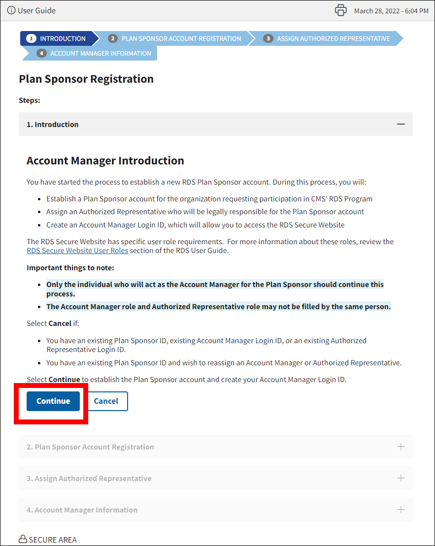 Plan Sponsor Registration page with Account Manager Introduction. Continue button is highlighted.