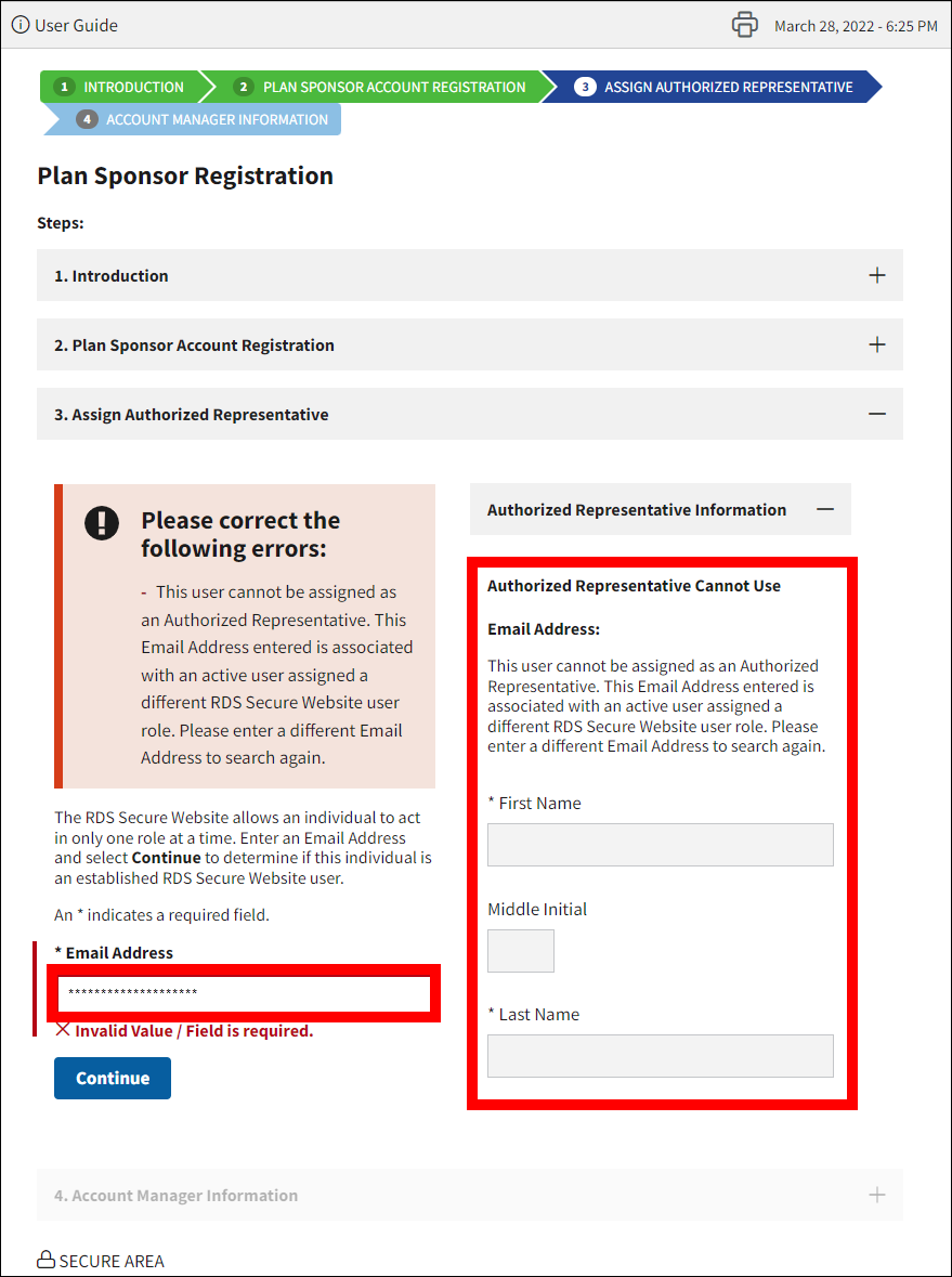 Assign Authorized Representative section of Plan Sponsor Registration page. Authorized Representative Information and Email Address field are highlighted.