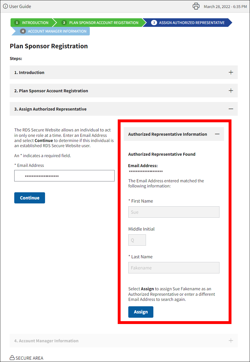 Assign Authorized Representative section of Plan Sponsor Registration page with sample data. Authorized Representative Information portion is highlighted.