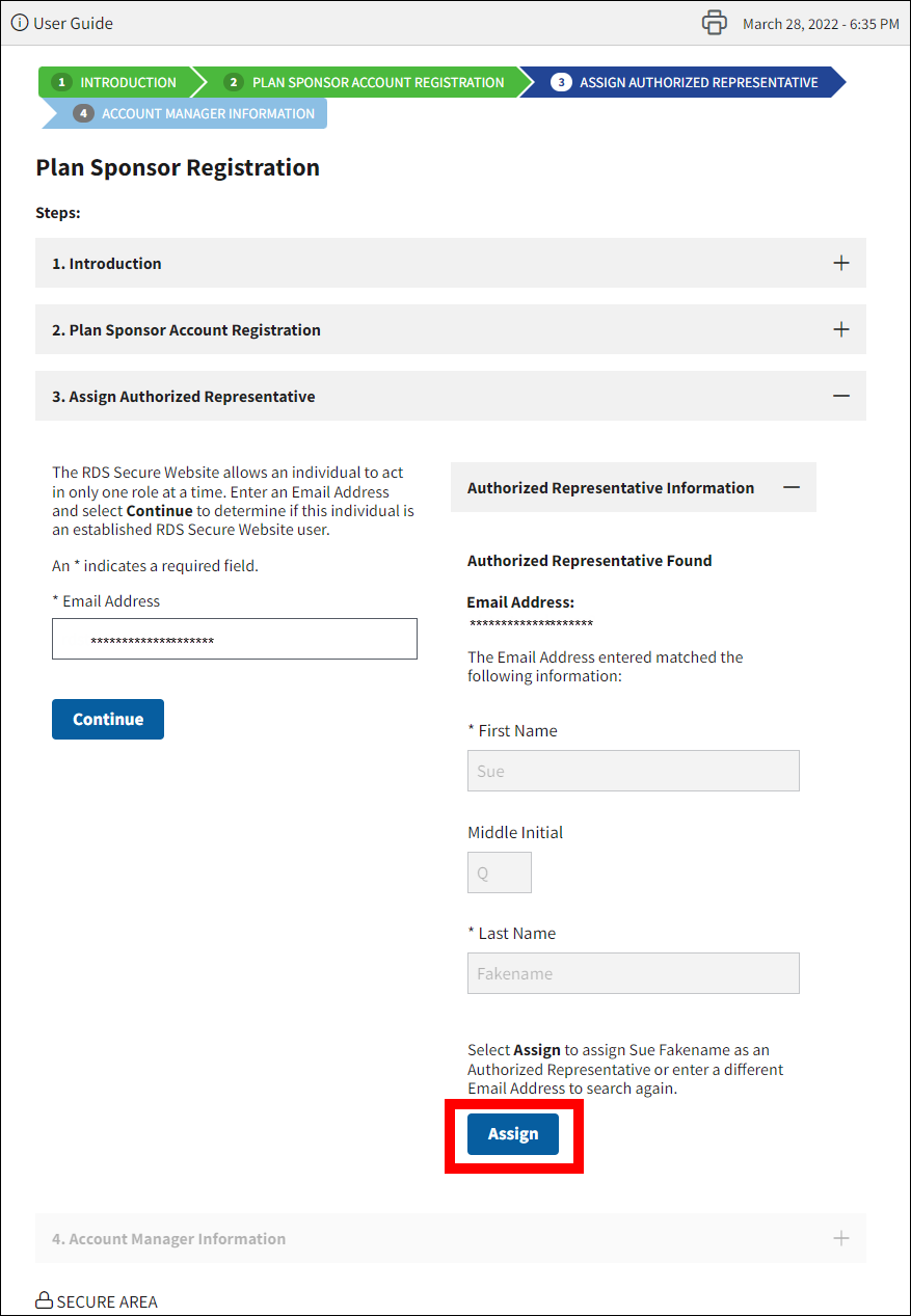 Assign Authorized Representative section of Plan Sponsor Registration page with sample data. Assign button is highlighted.