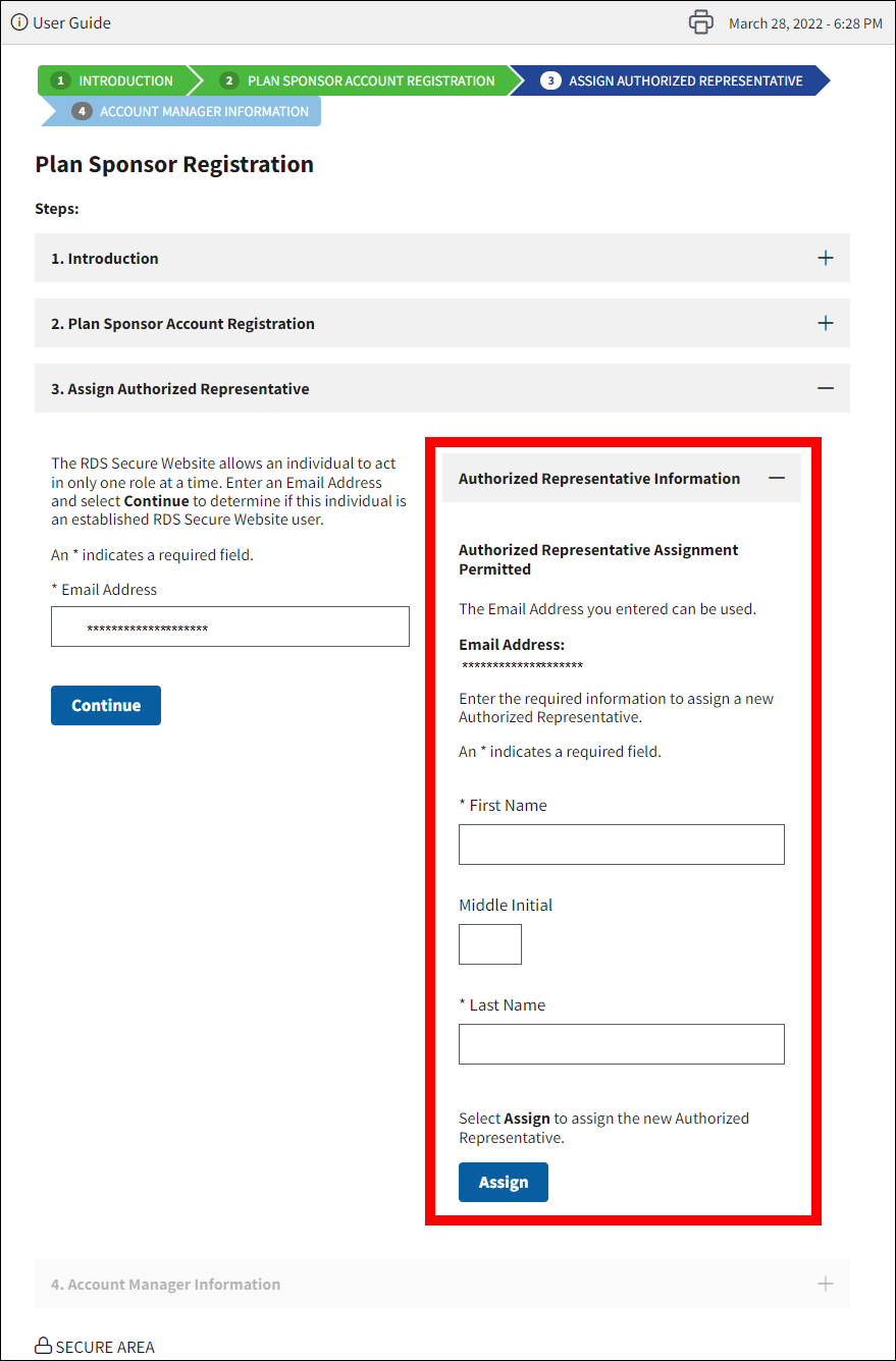 Assign Authorized Representative section of Plan Sponsor Registration page with sample form data, Authorized Representative Information form highlighted.