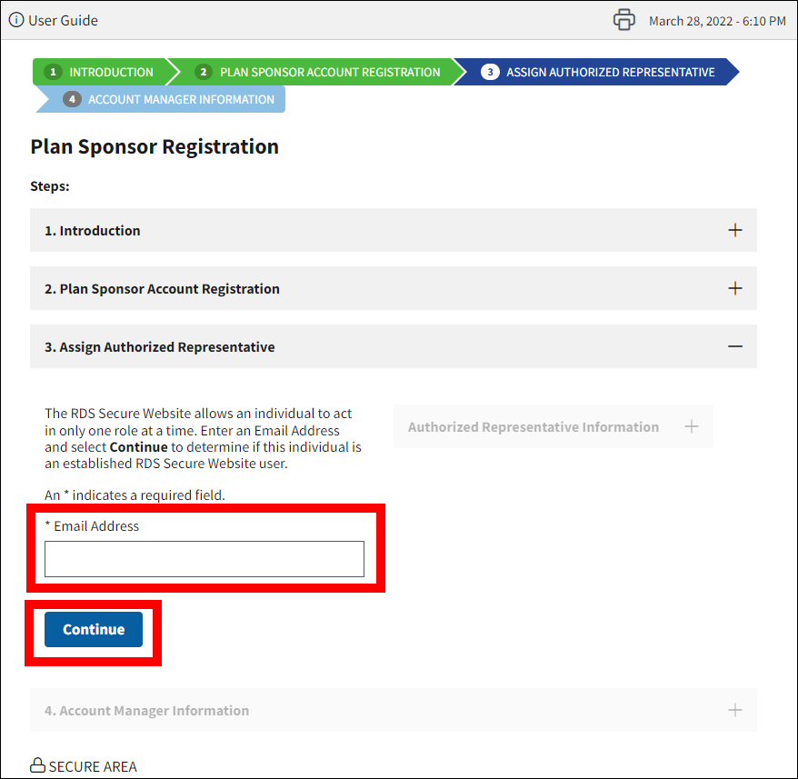 Assign Authorized Representative section of Plan Sponsor Registration page with Email Address textbox and Continue button highlighted.