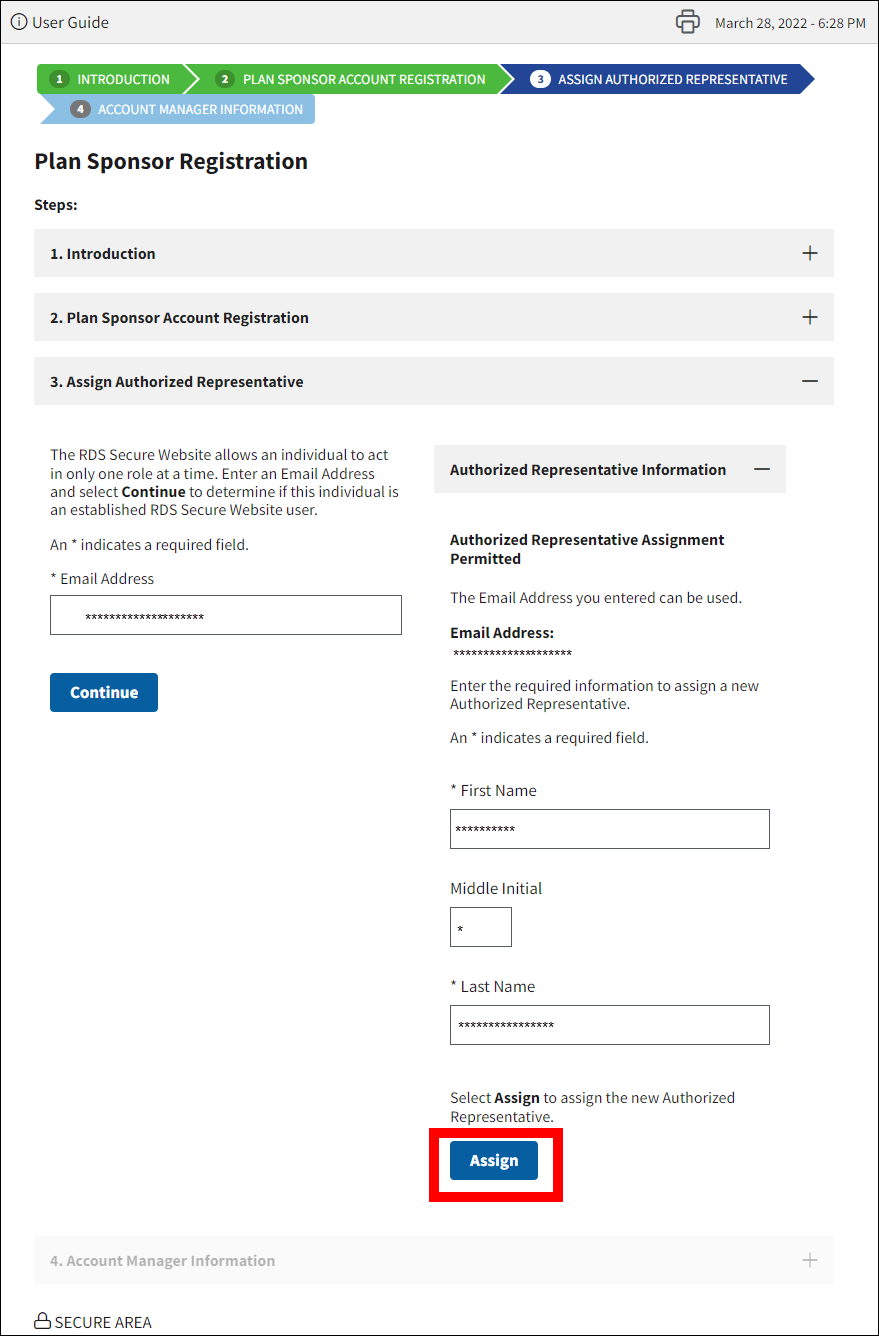Assign Authorized Representative section of Plan Sponsor Registration page with sample form data. Assign button is highlighted.