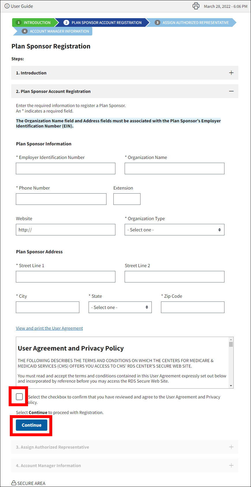 Plan Sponsor Account Registration section of Plan Sponsor Registration page. User Agreement checkbox and Continue button are highlighted.