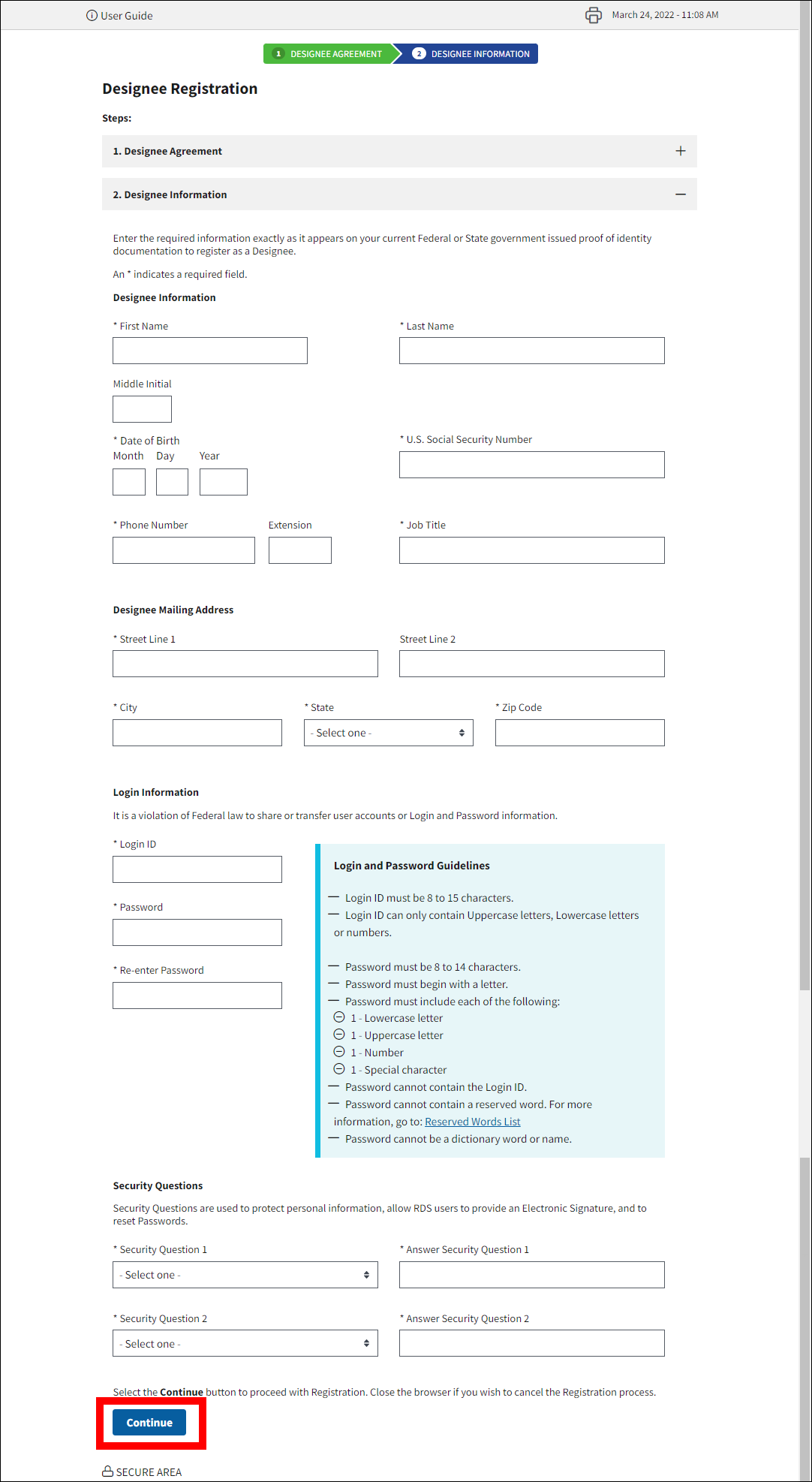 Designee Registration page with Continue button highlighted.
