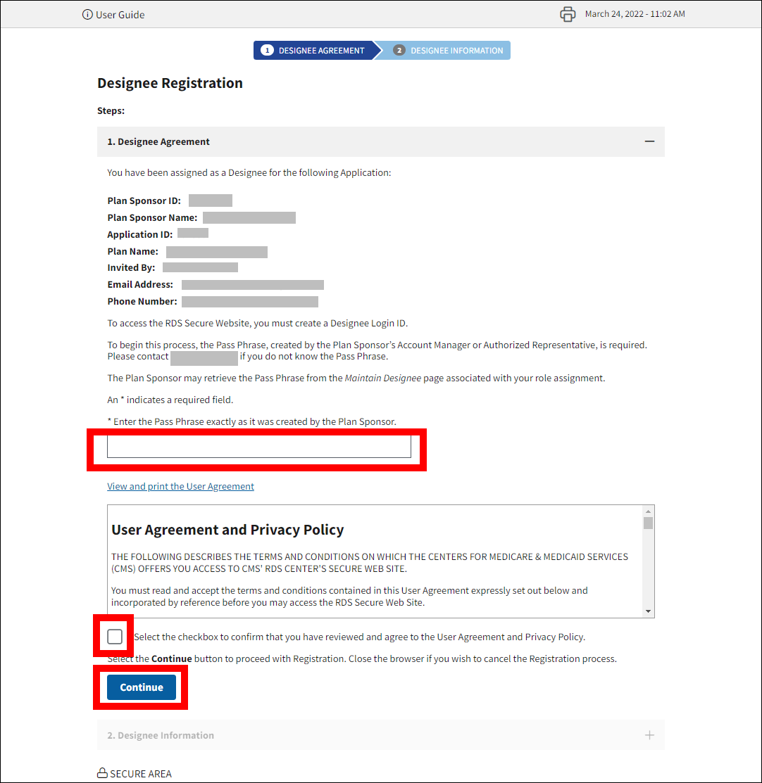 Designee Registration page with form field, User Agreement checkbox, and Continue button highlighted.