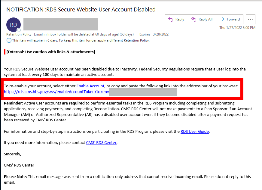 Sample RDS Secure Website User Account Disabled with Enable Account links highlighted.