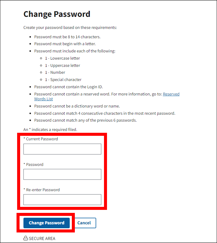 Change Password page with form fields and Change Password button highlighted.