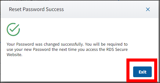 Reset Password Success pop-up with Exit button highlighted.