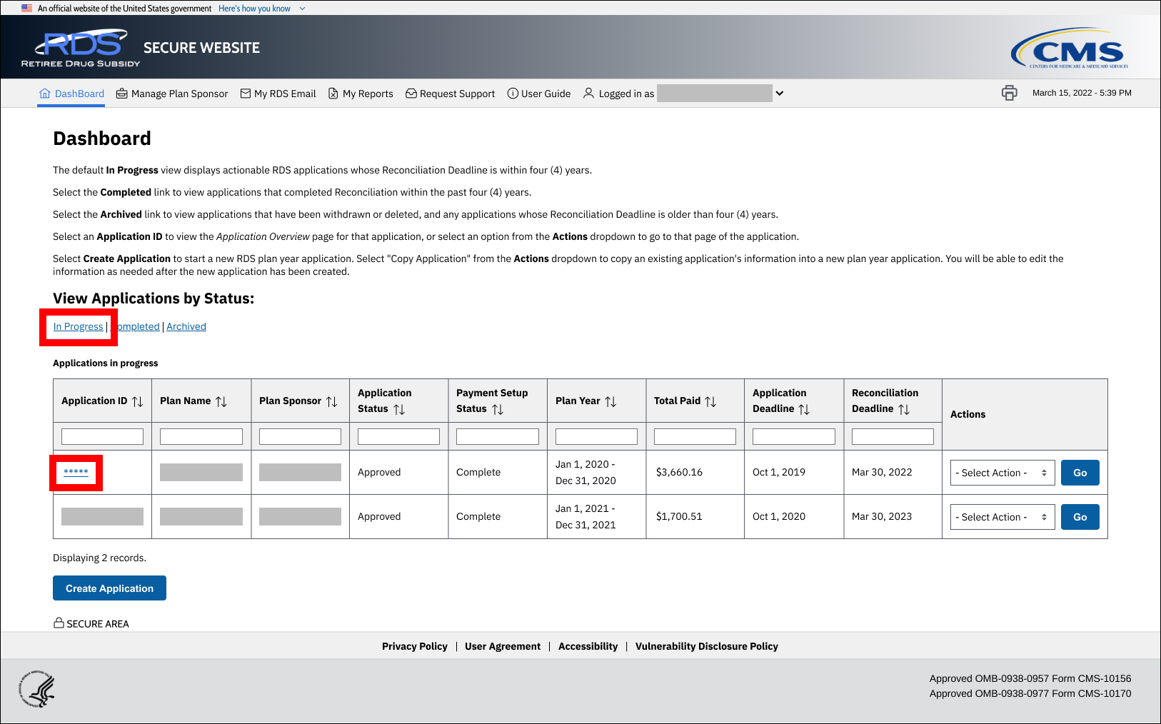 Dashboard page with sample data. In Progress and Application ID links are highlighted.