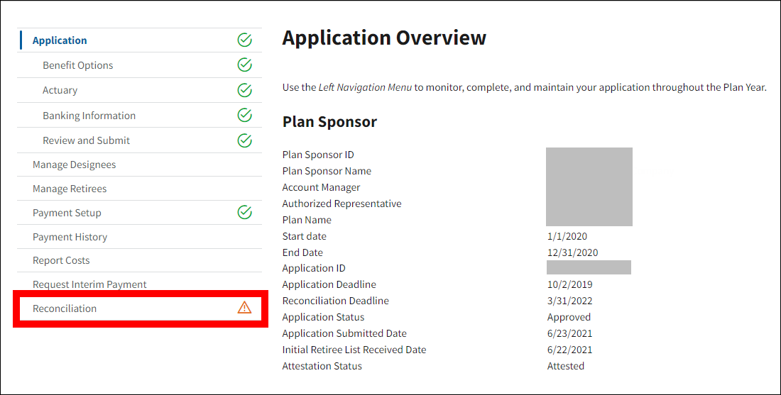 Application Overview page with sample data. Reconciliation is highlighted in left nav.