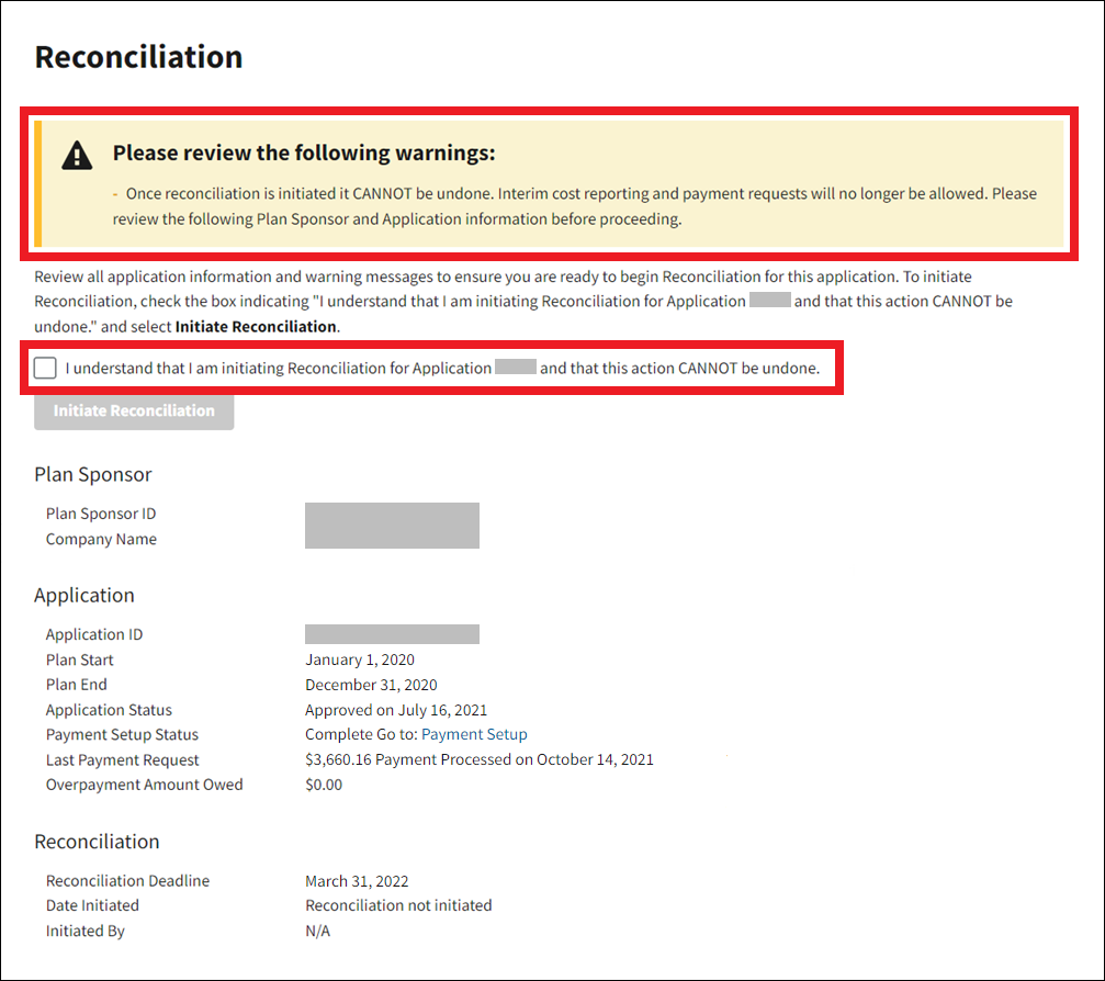 Reconciliation page with sample data. Warning message and checkbox sections are highlighted.