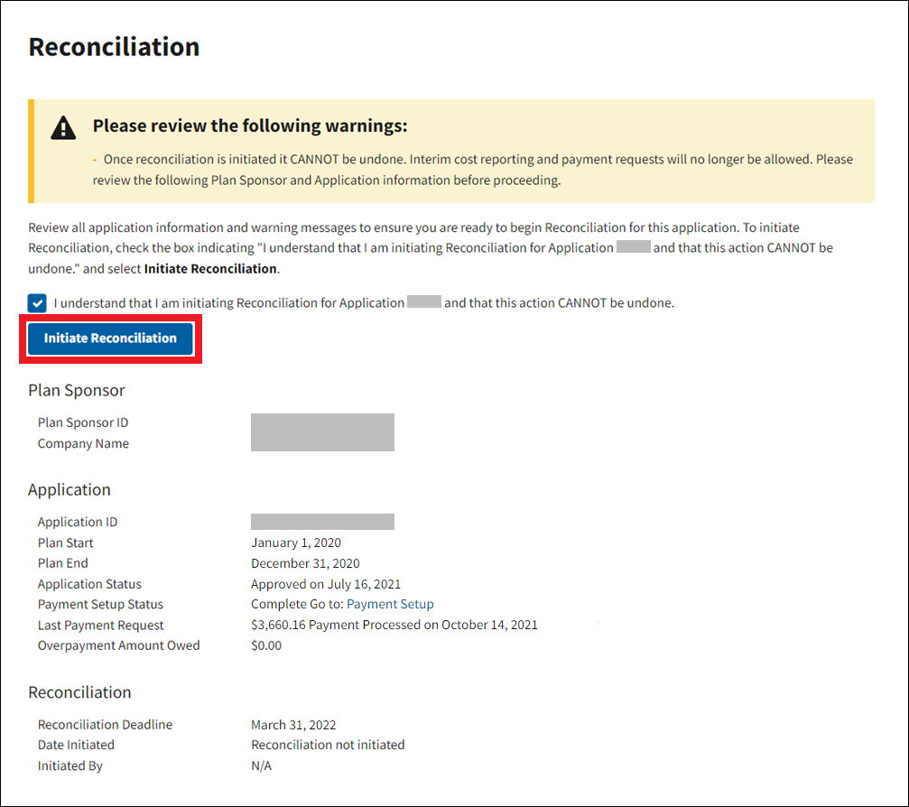 Reconciliation page with sample data. Checkbox is selected and Initiate Reconciliation button is highlighted.