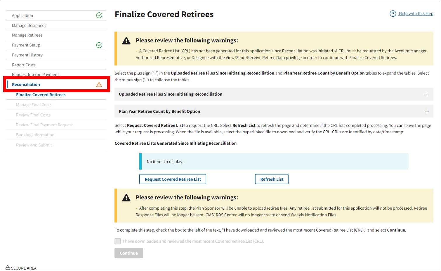 Finalize Covered Retirees page. Reconciliation with complete status indicator in left nav is highlighted.