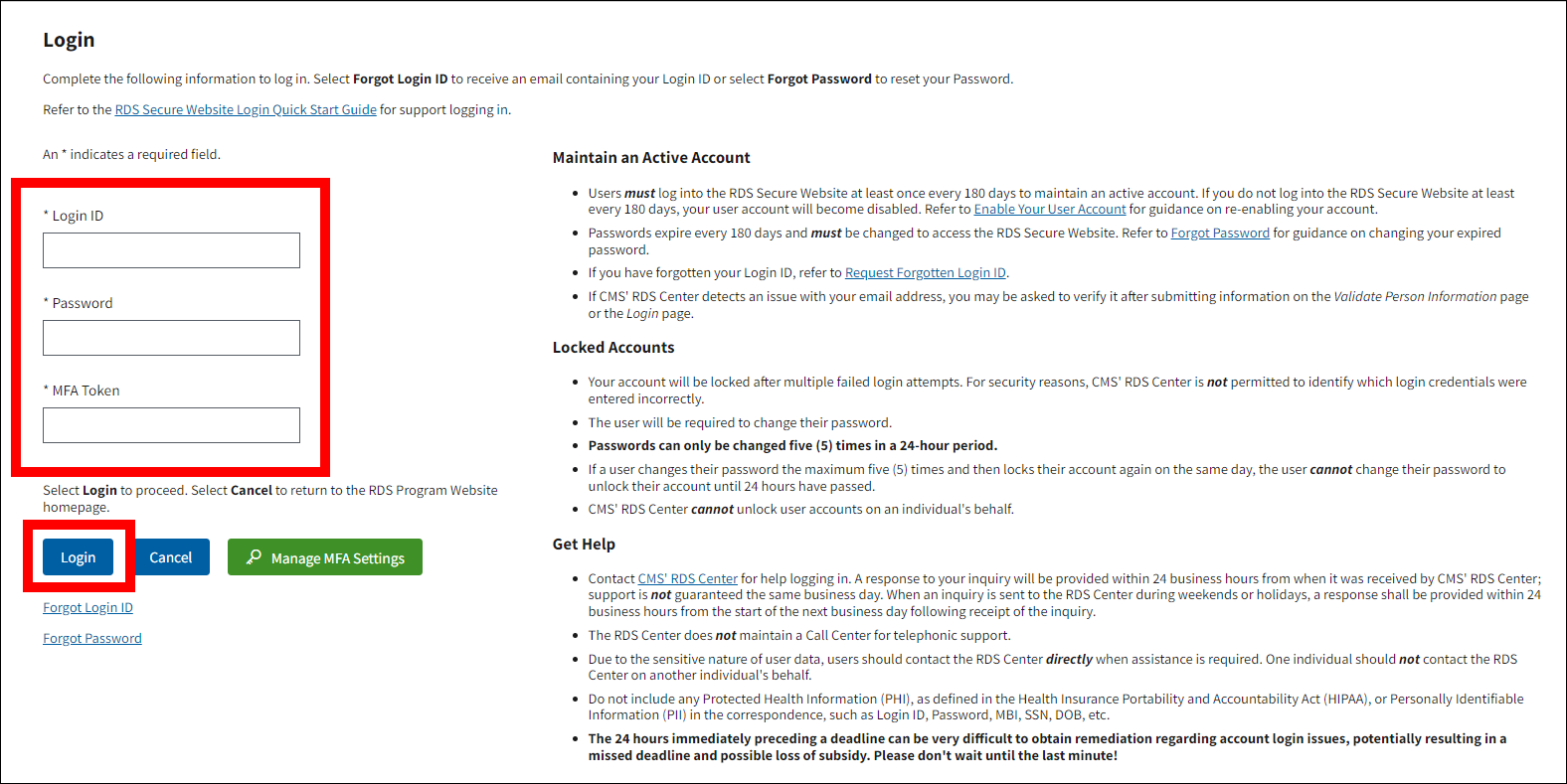 Login page with form fields and Login button highlighted.