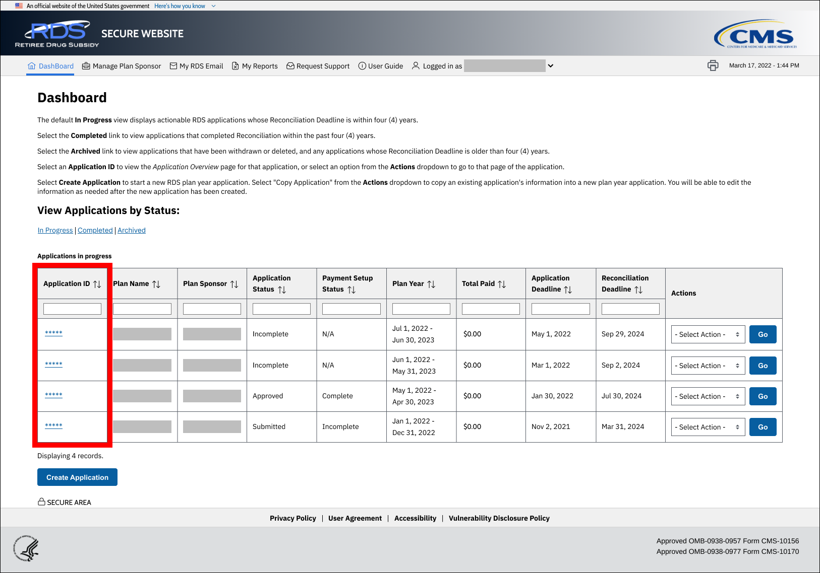 Dashboard page with sample data. Application ID column of Applications in progress table is highlighted.