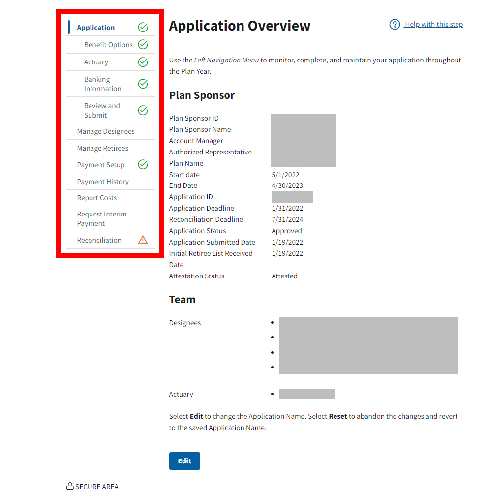 Application Overview page with sample data. Entire left nav is highlighted.