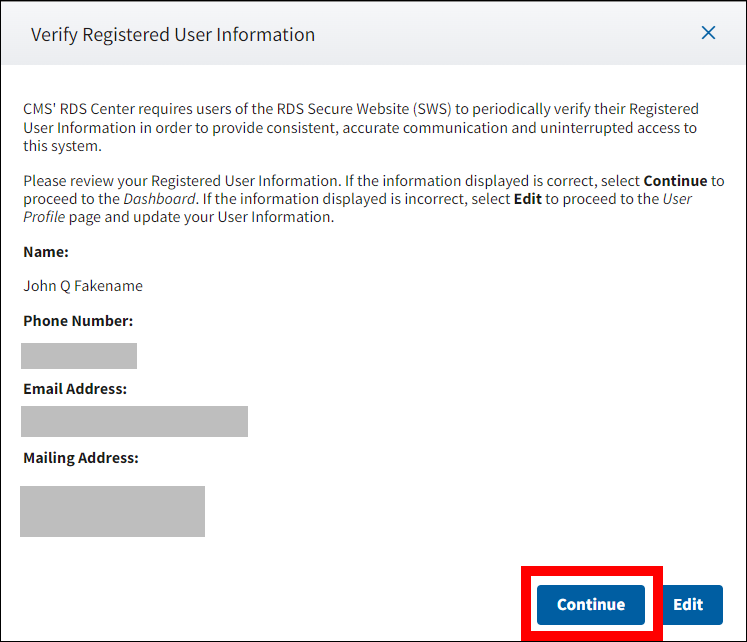 Verify Registered User Information page with Continue button highlighted.