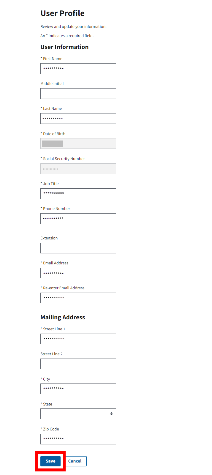 User Profile page populated with sample data and Save button highlighted.