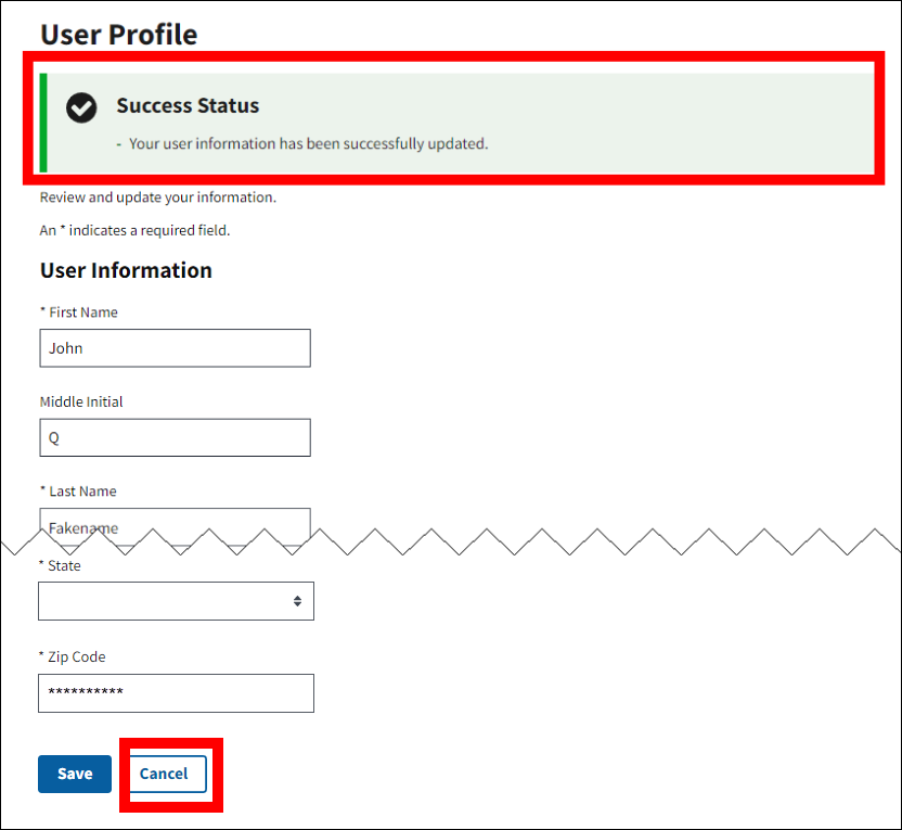 User Profile page with Success Message and Cancel button highlighted.