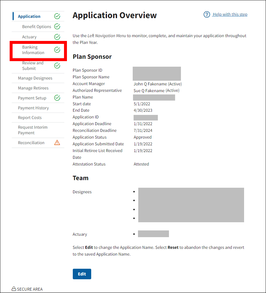 Application Overview page with sample data. Banking Information is highlighted in left nav.