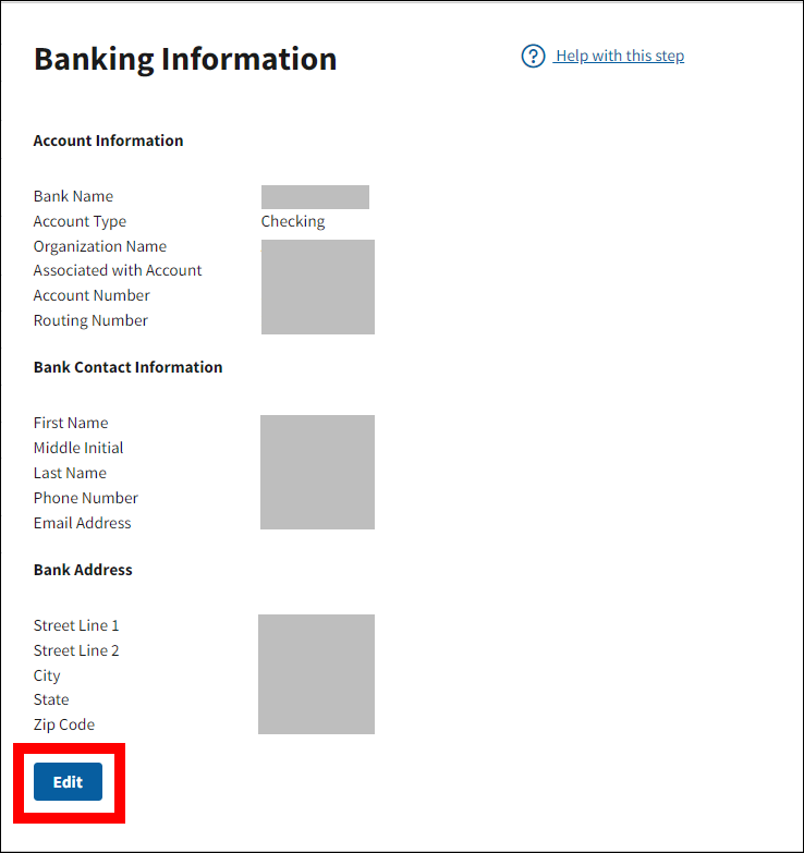 Banking Information page with sample data. Edit button is highlighted.