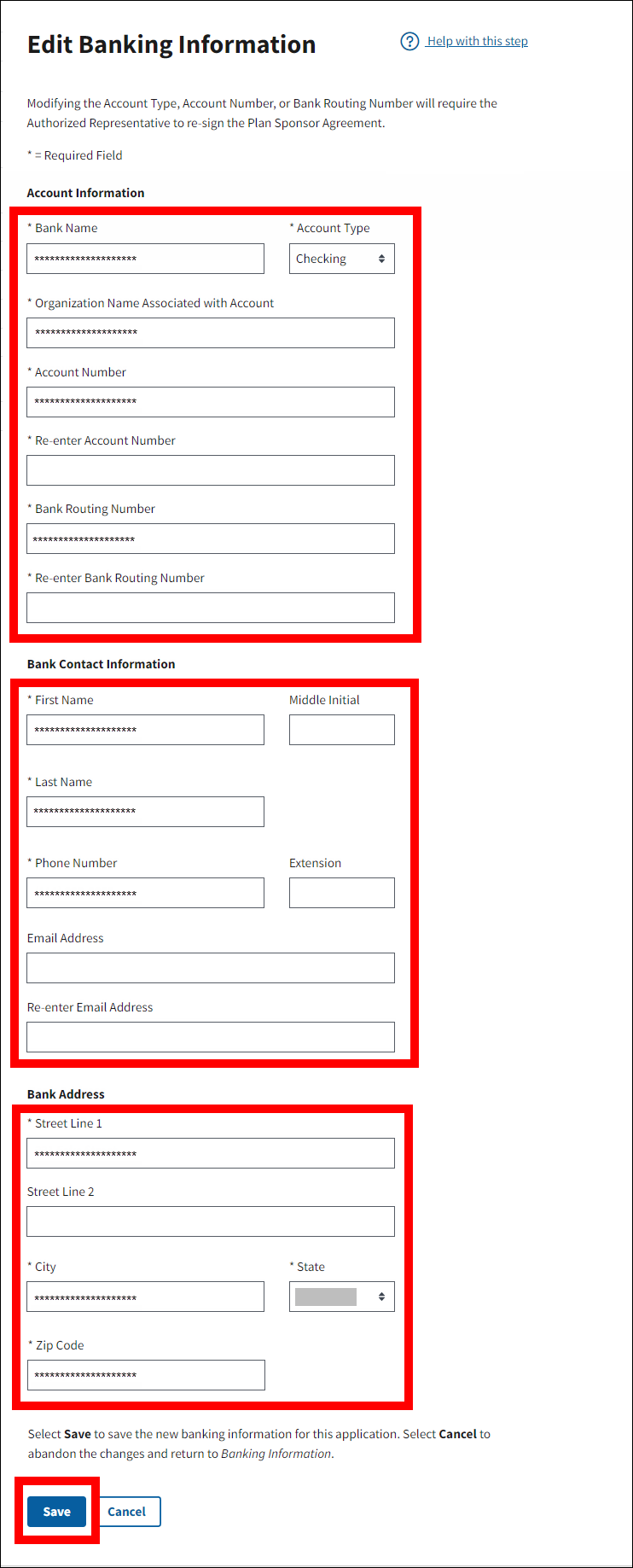 Edit Banking Information page with sample data. Form fields and Save button are highlighted.