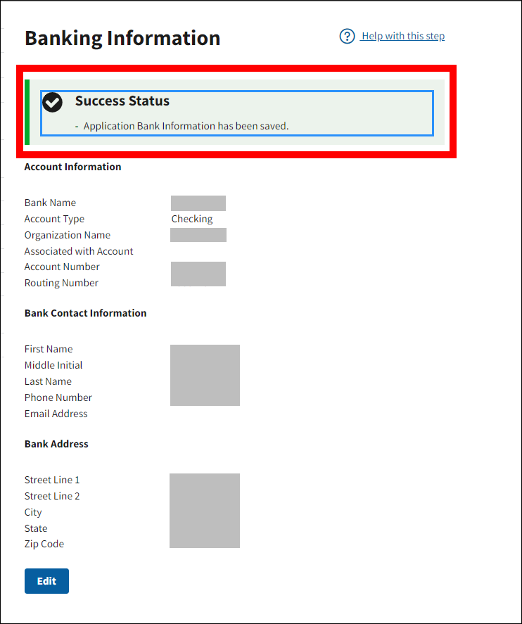 Banking Information page with sample data. Success Message is highlighted.