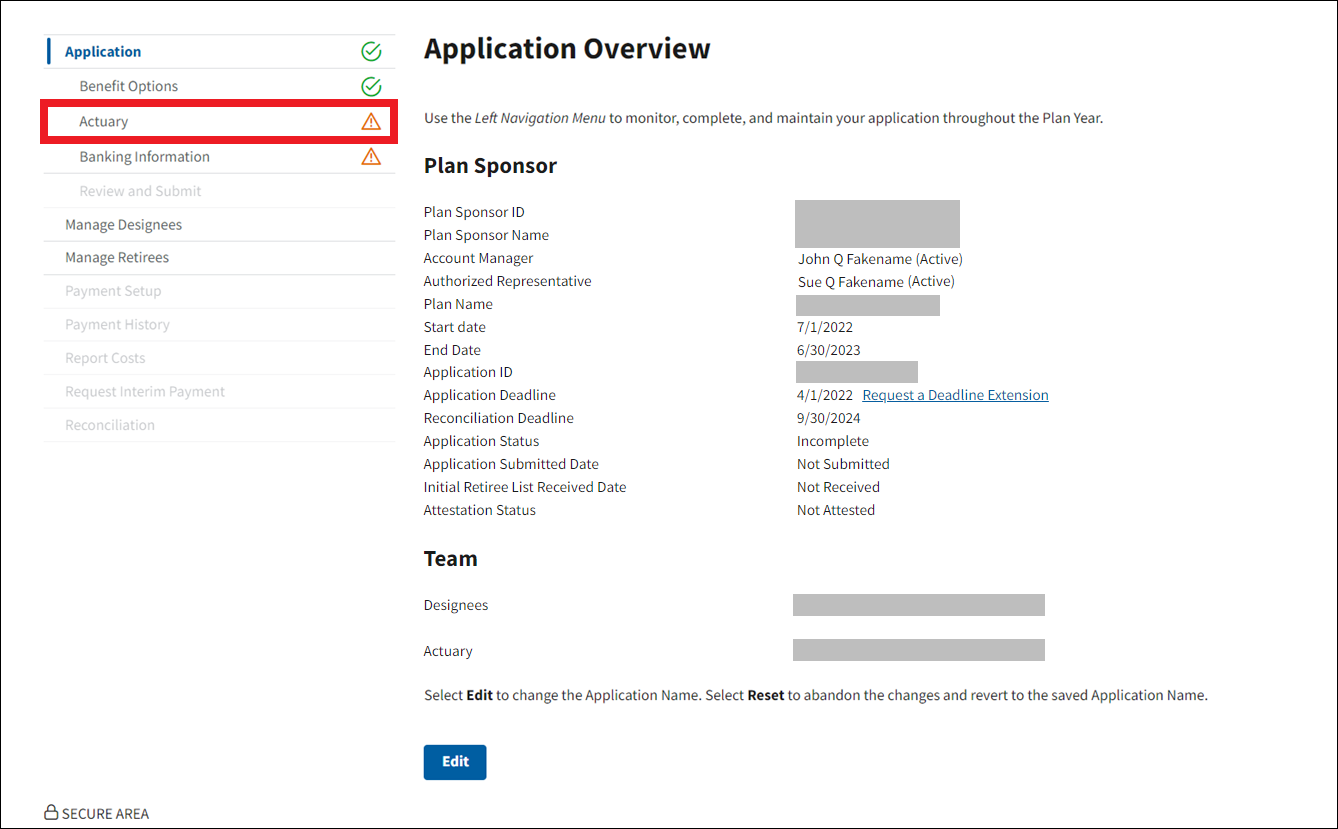 Application Overview page with sample data. Actuary is highlighted in left nav.